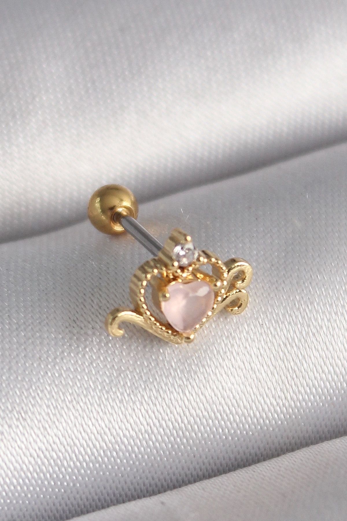 Clariss 316L Çelik Gold Renk Pembe Mineli Kalp Zirkon Taş Detay Tragus Piercing
