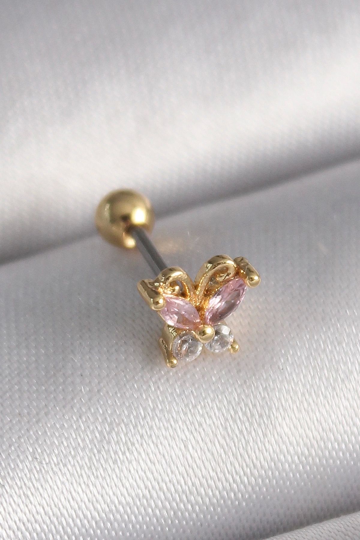 Clariss 316L Çelik Gold Renk Pembe Zirkon Taşlı Kelebek Tragus Piercing