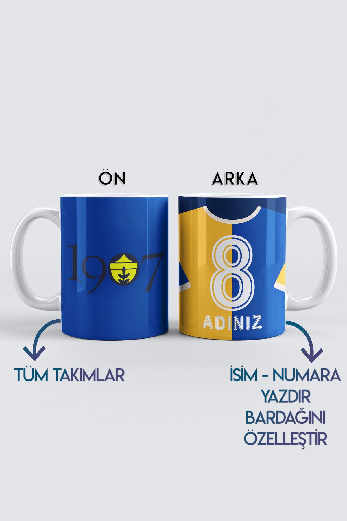 DekorHane Kişiye Özel Sarı Lacivert Kanarya Taraftar Baskılı Kupa Bardak, Tüm Takımlar