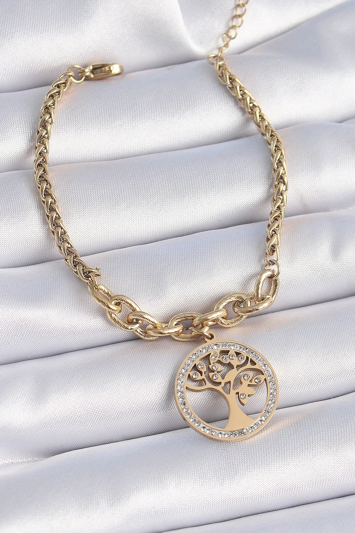 Clariss 316L Çelik Gold Renk Zirkon Taşlı Yaşam Ağacı Figür Kadın Bileklik