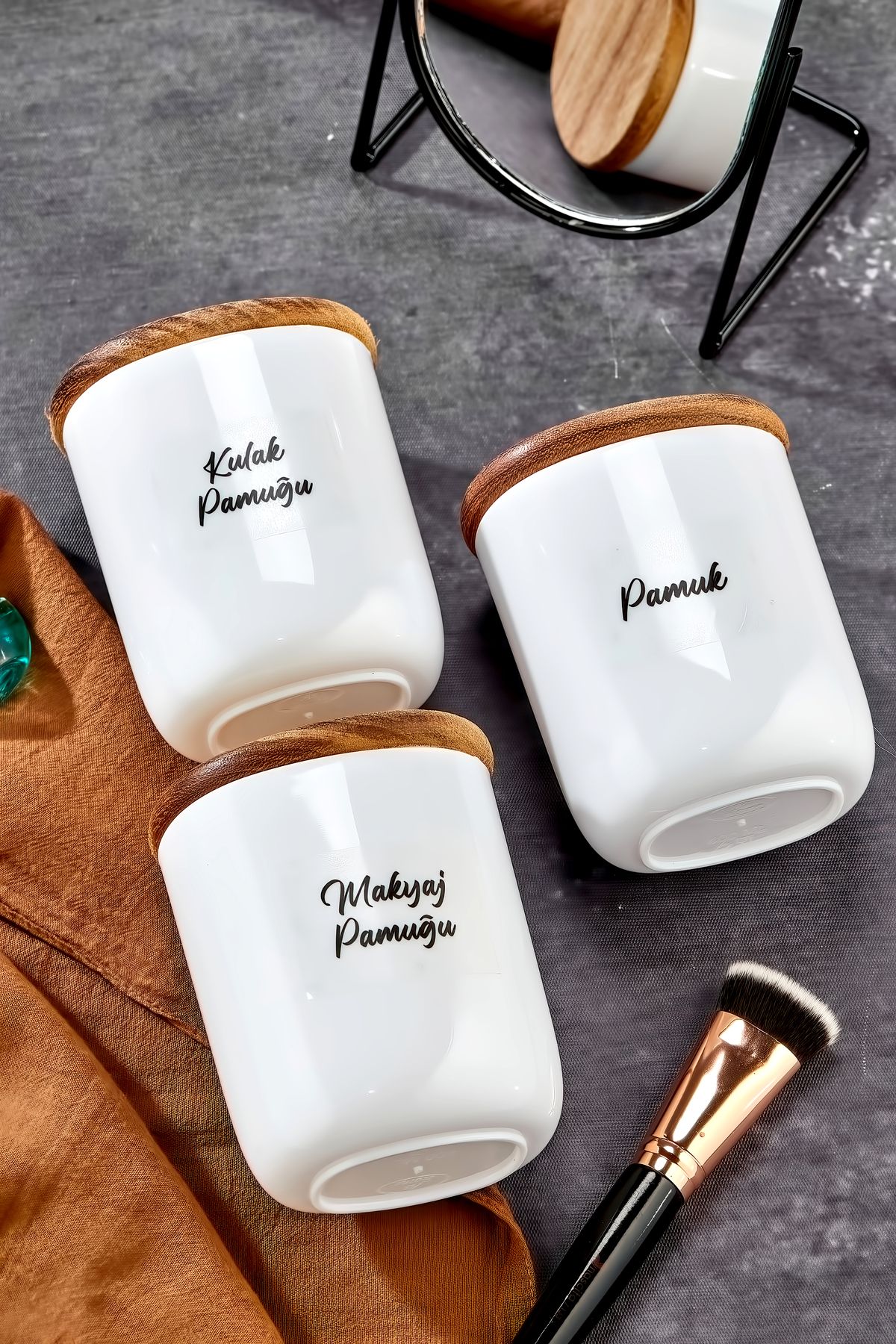 FBZhome 3'lü Ahşap Kapaklı Damla Akrilik Kulak Pamuğu & Pamuk & Makyaj Pamuğu Banyo Seti 400 Ml