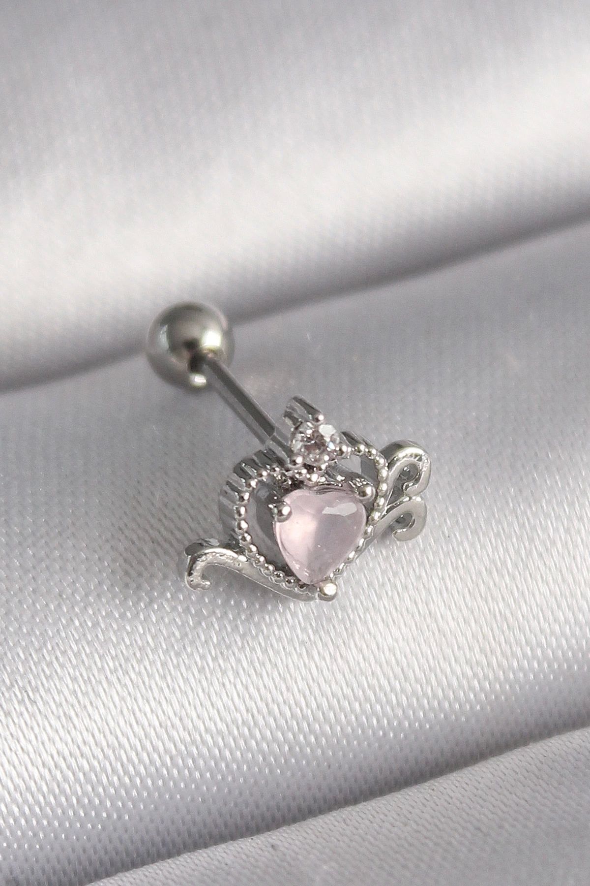 Clariss 316L Çelik Gümüş Renk Pembe Mineli Kalp Zirkon Taş Detay Tragus Piercing