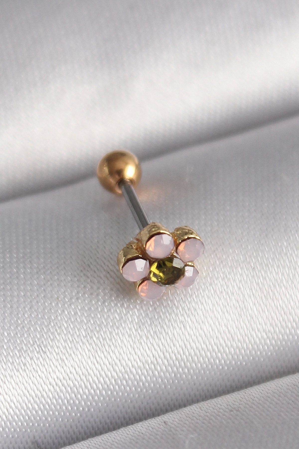 Clariss 316L Çelik Gold Renk Zirkon Taşlı Çiçek Tragus Piercing