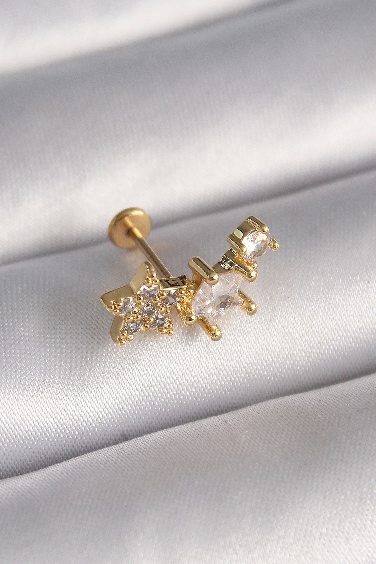 Clariss 316L Çelik Gümüş Renk Zirkon Taşlı Yıldız Model Tragus Piercing