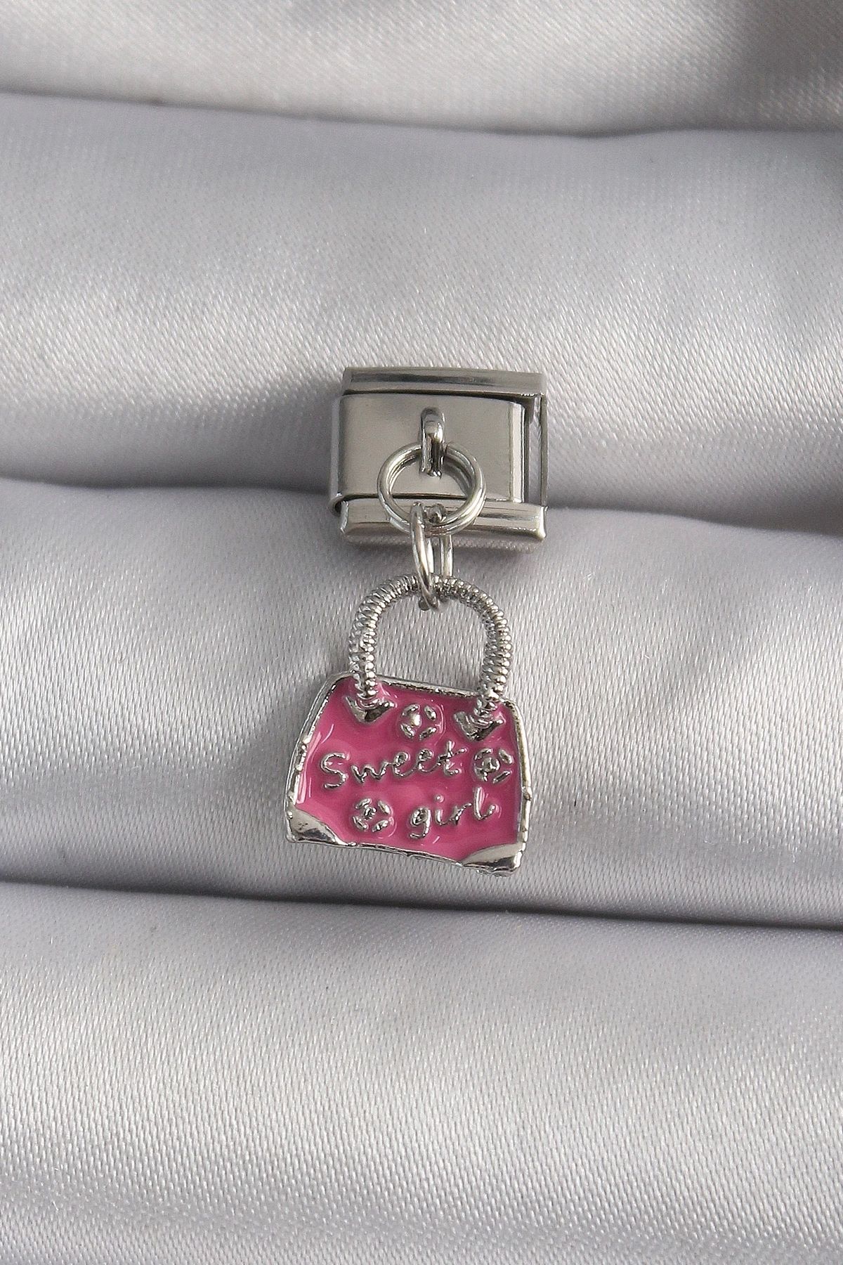 Clariss 316L Çelik Gümüş Renk Sallantı Pembe Çanta Model Nomination Charm
