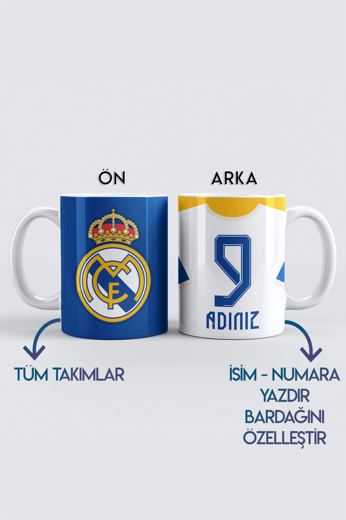 DekorHane İsim Numara Yazdırmalı, Real Madrid Taraftar Baskılı Porselen Kupa Bardak, Tüm Takımlar