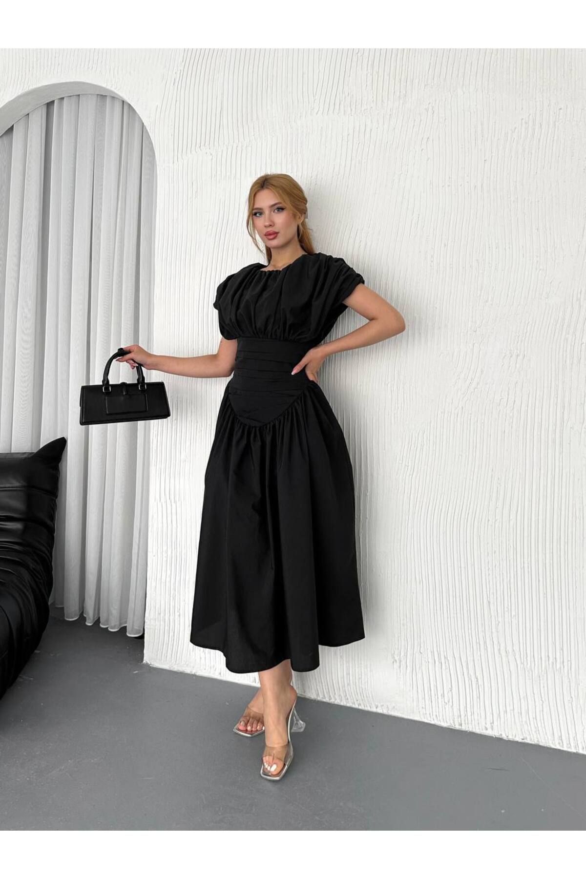 Castivo Fashion Bel Drapeli Fırfırlı Balon Kol Midi Elbise