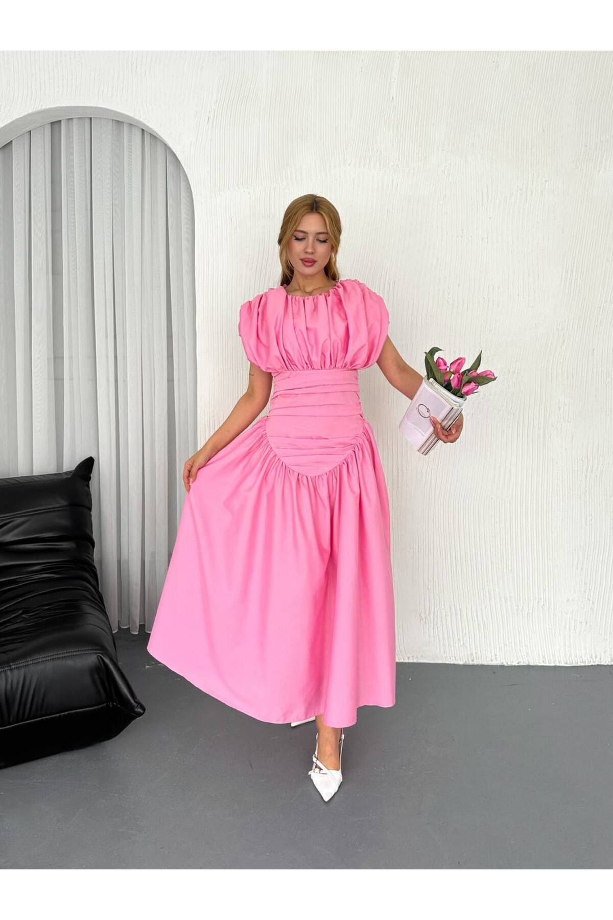 Castivo Fashion Bel Drapeli Fırfırlı Balon Kol Midi Elbise