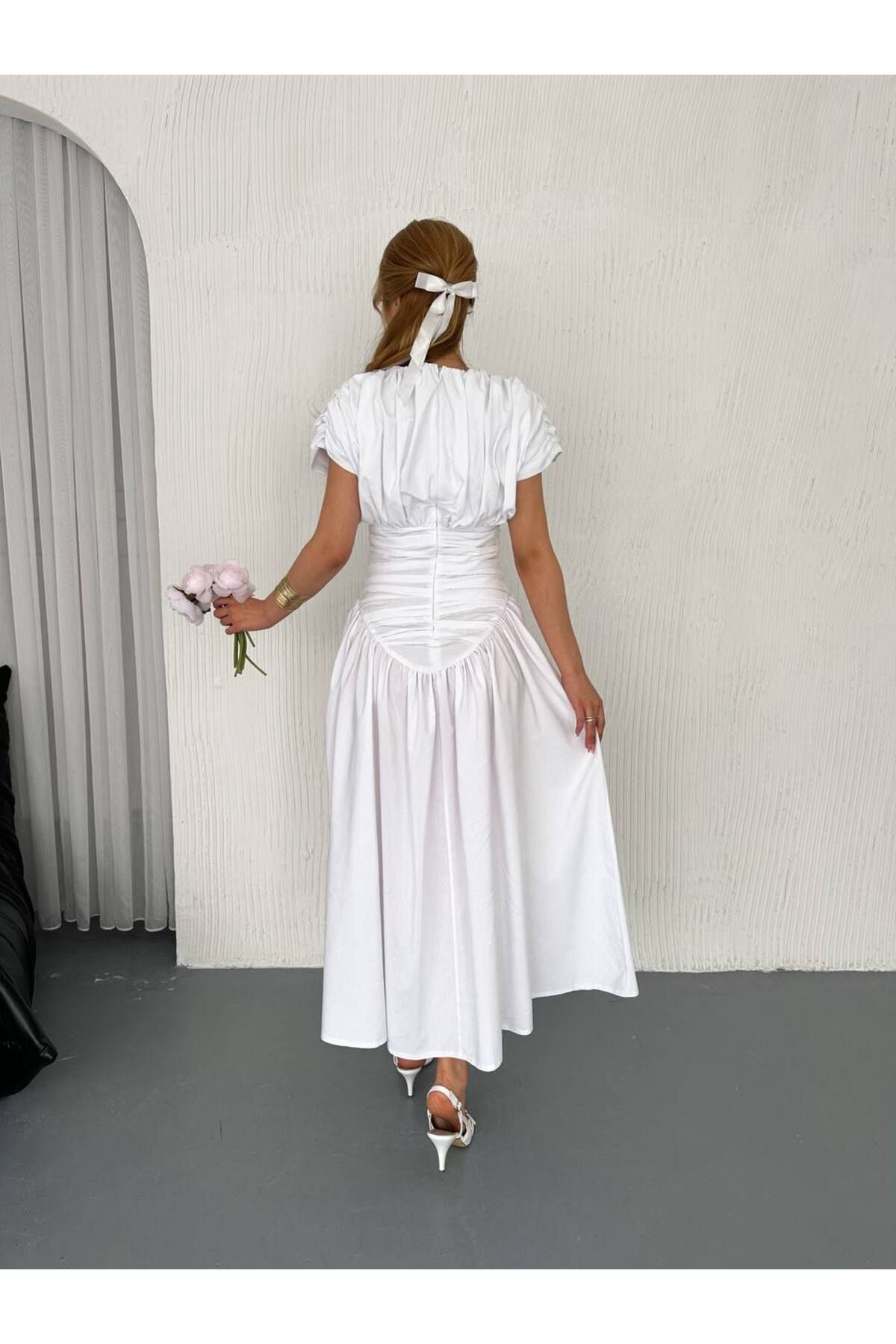 Castivo Fashion Bel Drapeli Fırfırlı Balon Kol Midi Elbise