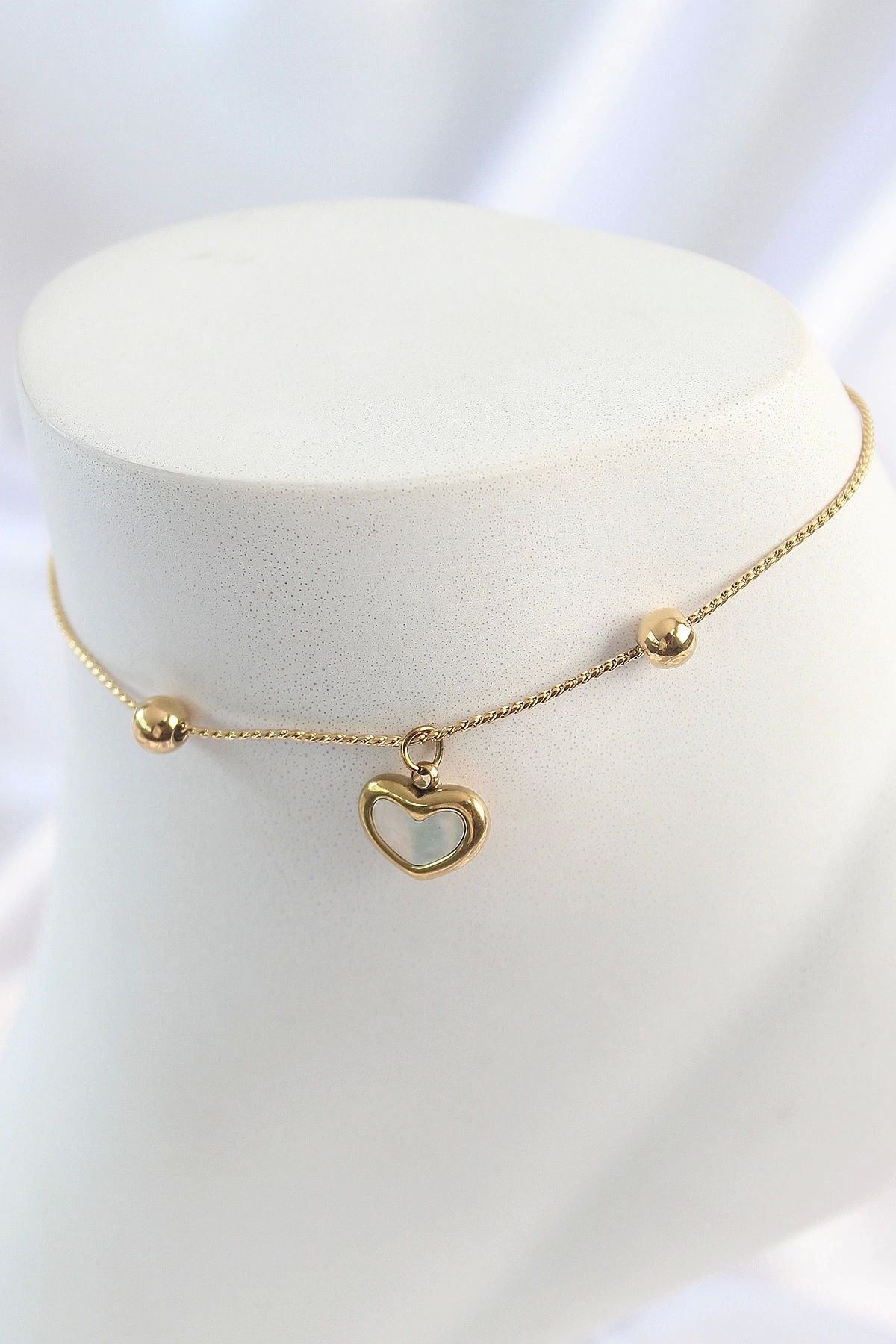 Clariss 316L Çelik Gold Renk Sallantı Mineli Kalp Figür Topçuk Detay Kadın Halhal