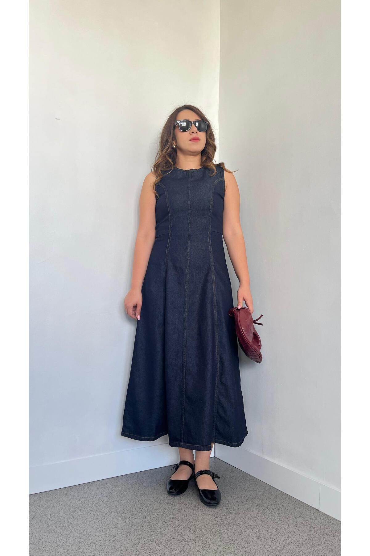 Gizybutik Kolsuz Denim Midi Elbise