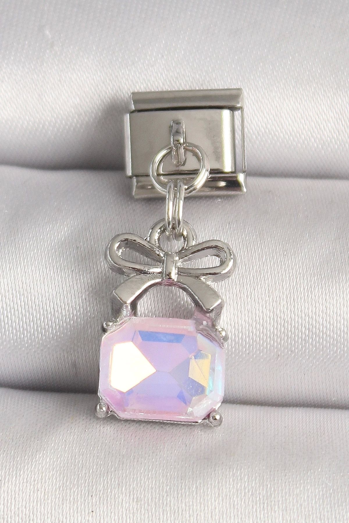 Clariss 316L Çelik Gümüş Renk Pembe Zirkon Taşlı Çanta Model Nomination Charm
