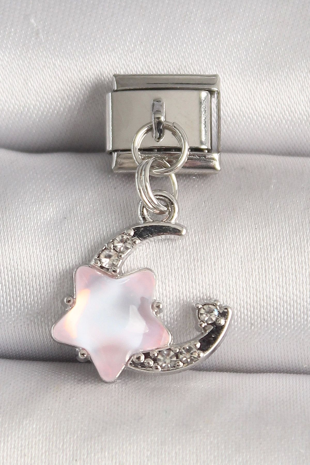 Clariss 316L Çelik Gümüş Renk Zirkon Taşlı Hilal Pembe Mineli Yıldız Model Nomination Charm