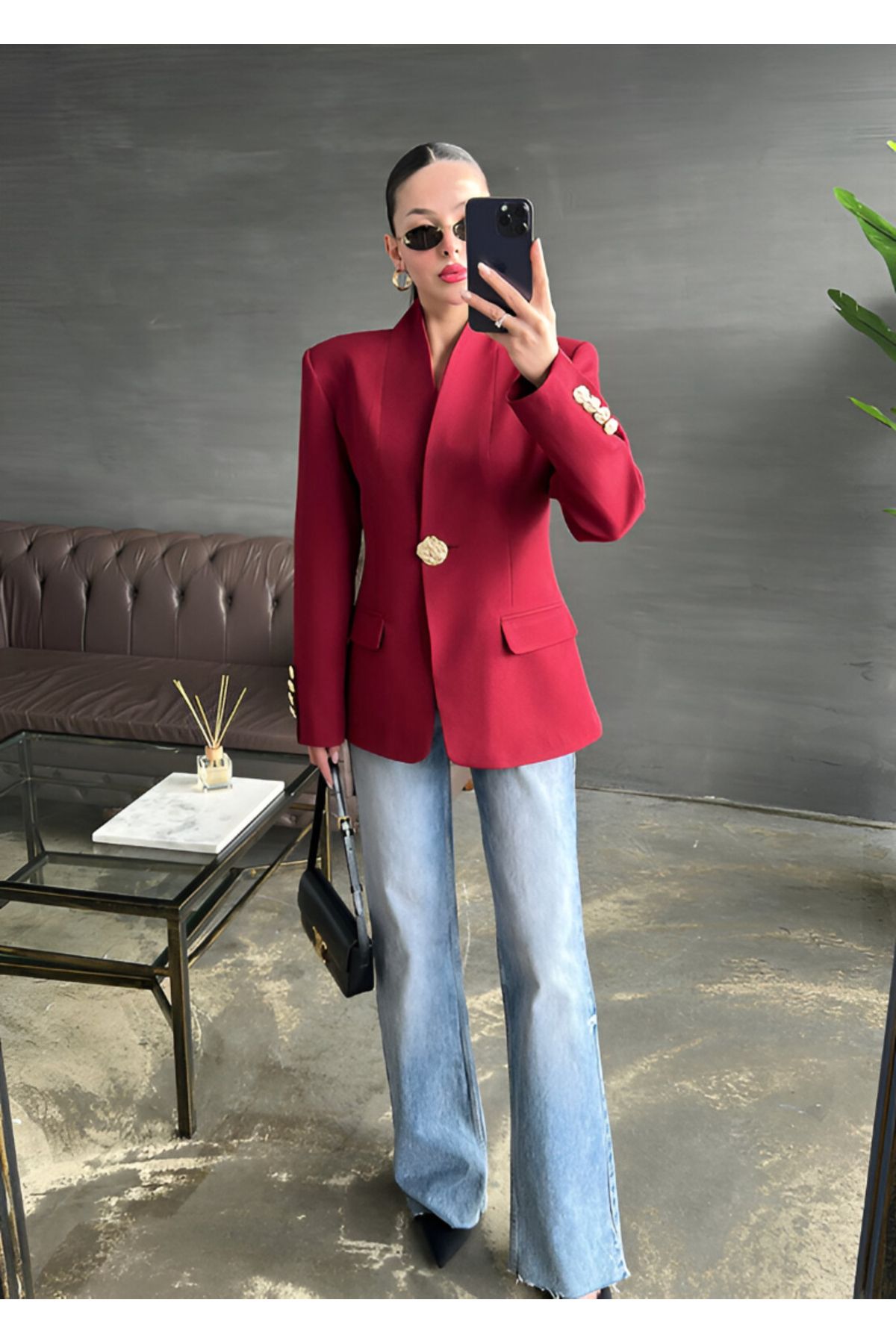 AlisaSu Bordo Gold Düğmeli Şal Yakalı Blazer Ceket