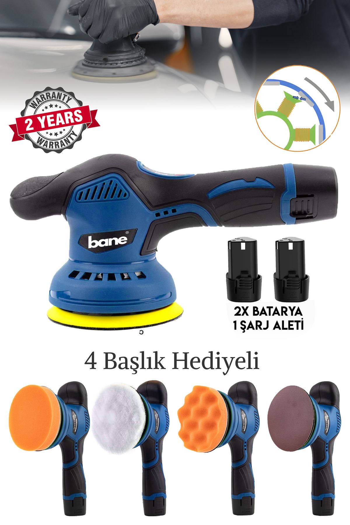 BANE 24 V 5 Ah Orbital Yapılı Çift Akülü 6 Kademe Devir Ayarlı Pasta Cila Polisaj Ve Zımpara Makinesi