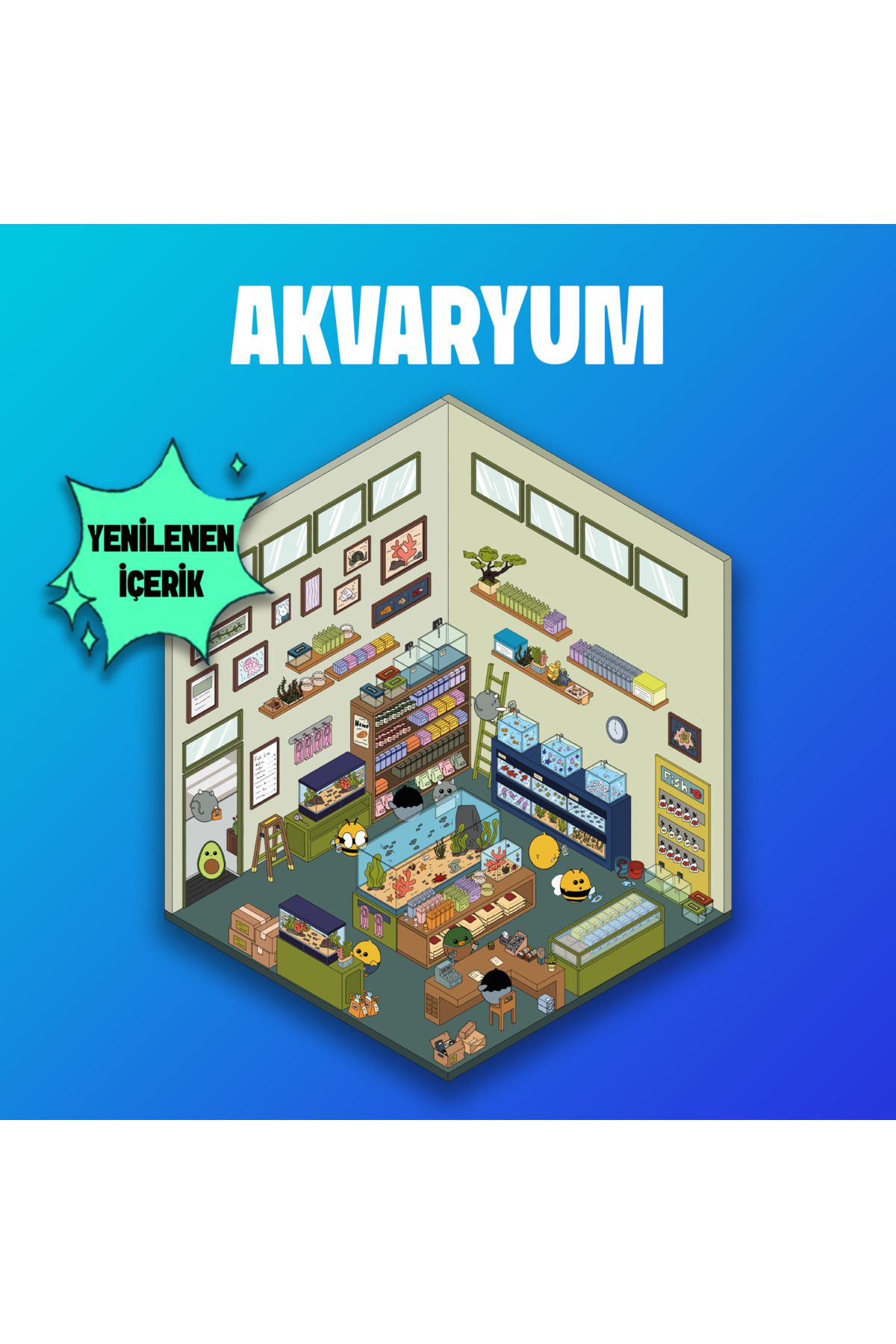 Akvaryum Izometrik Sticker, 3d Etiket Yapışkanlı Çıkartma