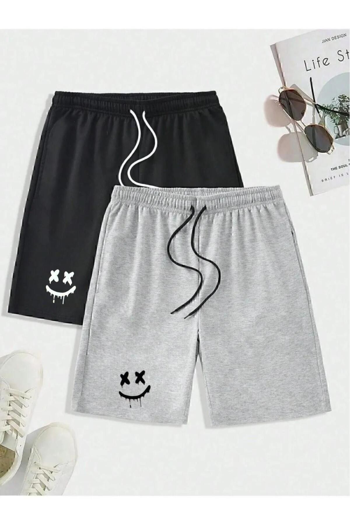 NO 601 Unisex 2'li Klasik Smiley Baskılı Penye Şort Gri-Siyah