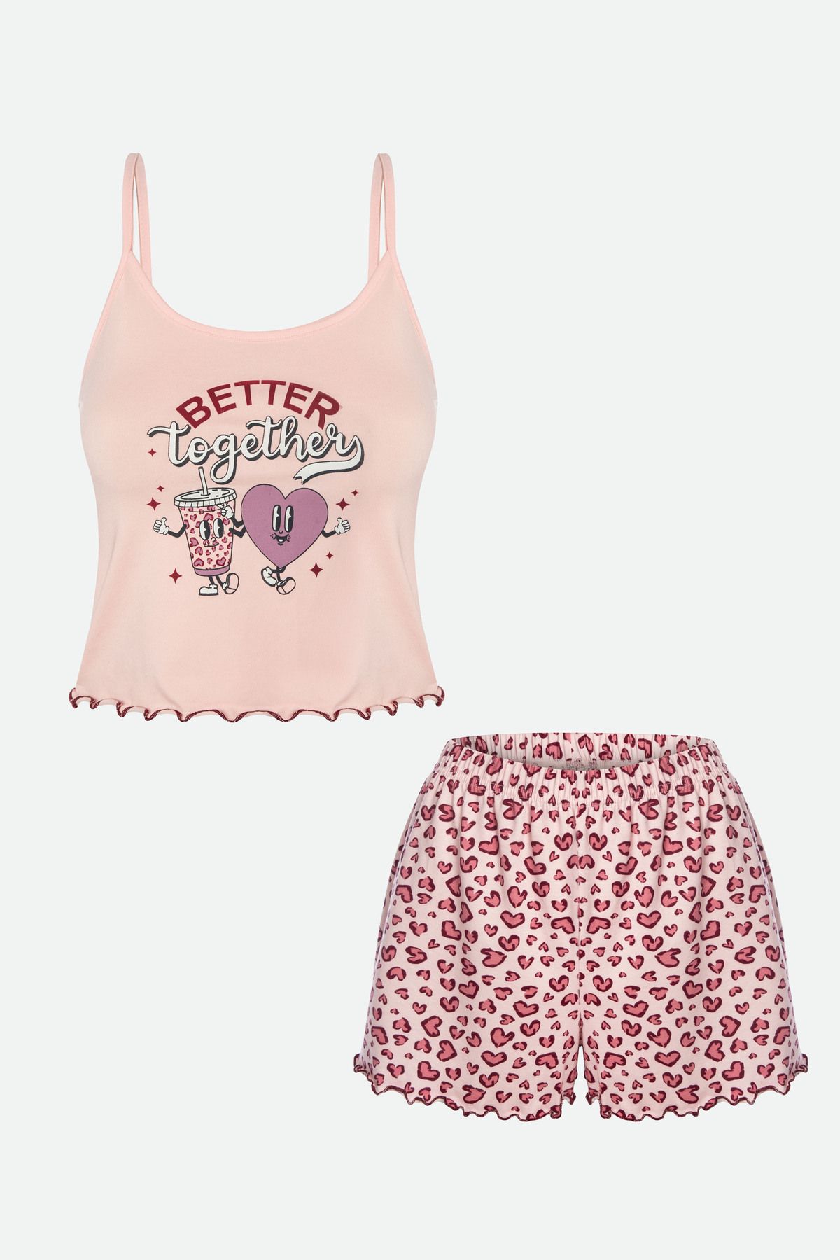 koza iç giyim Kadın İnce Askılı Desenli Pamuklu Şortlu Pijama Takımı