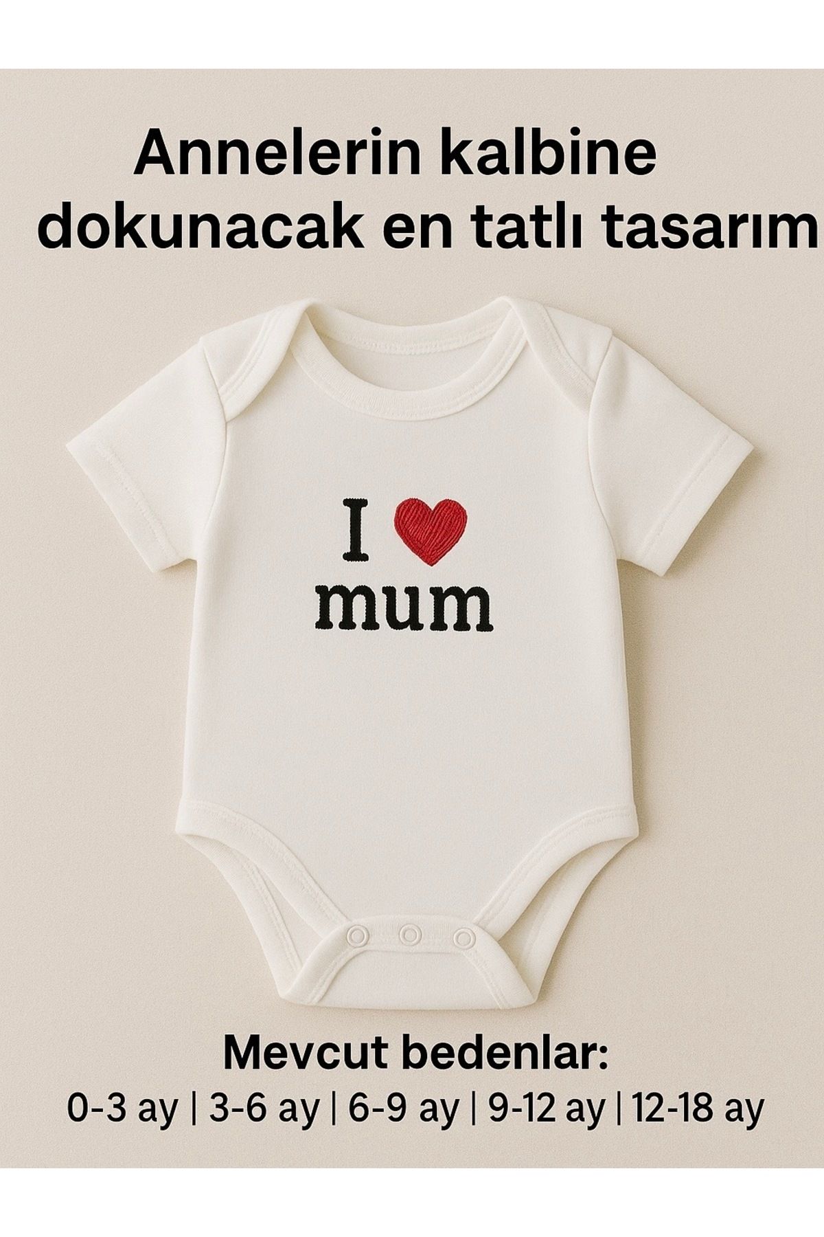 AngelButik “I ♥ Mum” Nakışlı Beyaz Kısa Kollu Bebek Body – 0-18 Ay