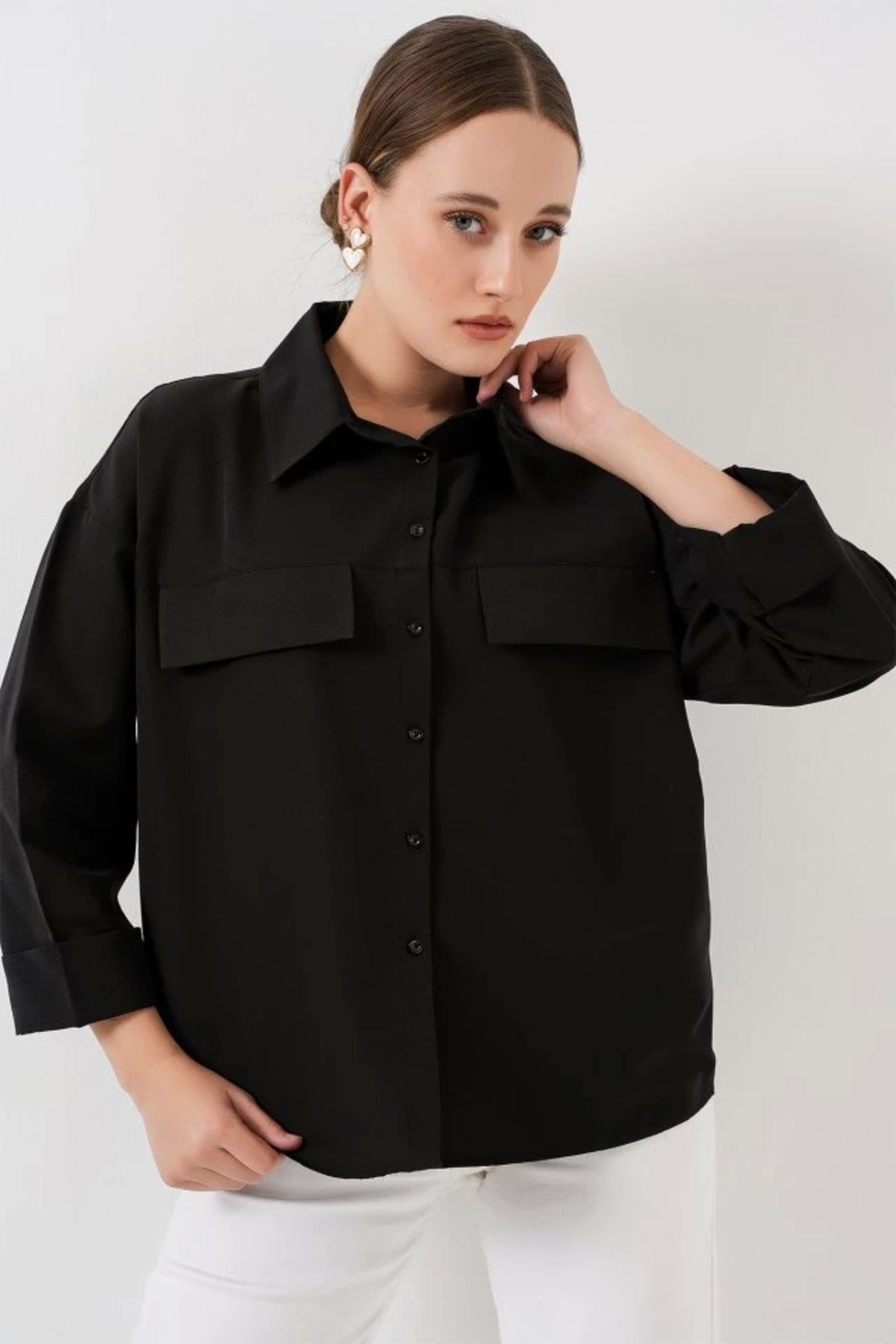 Butik Cep Detaylı Oversize Gömlek 20313 - Siyah