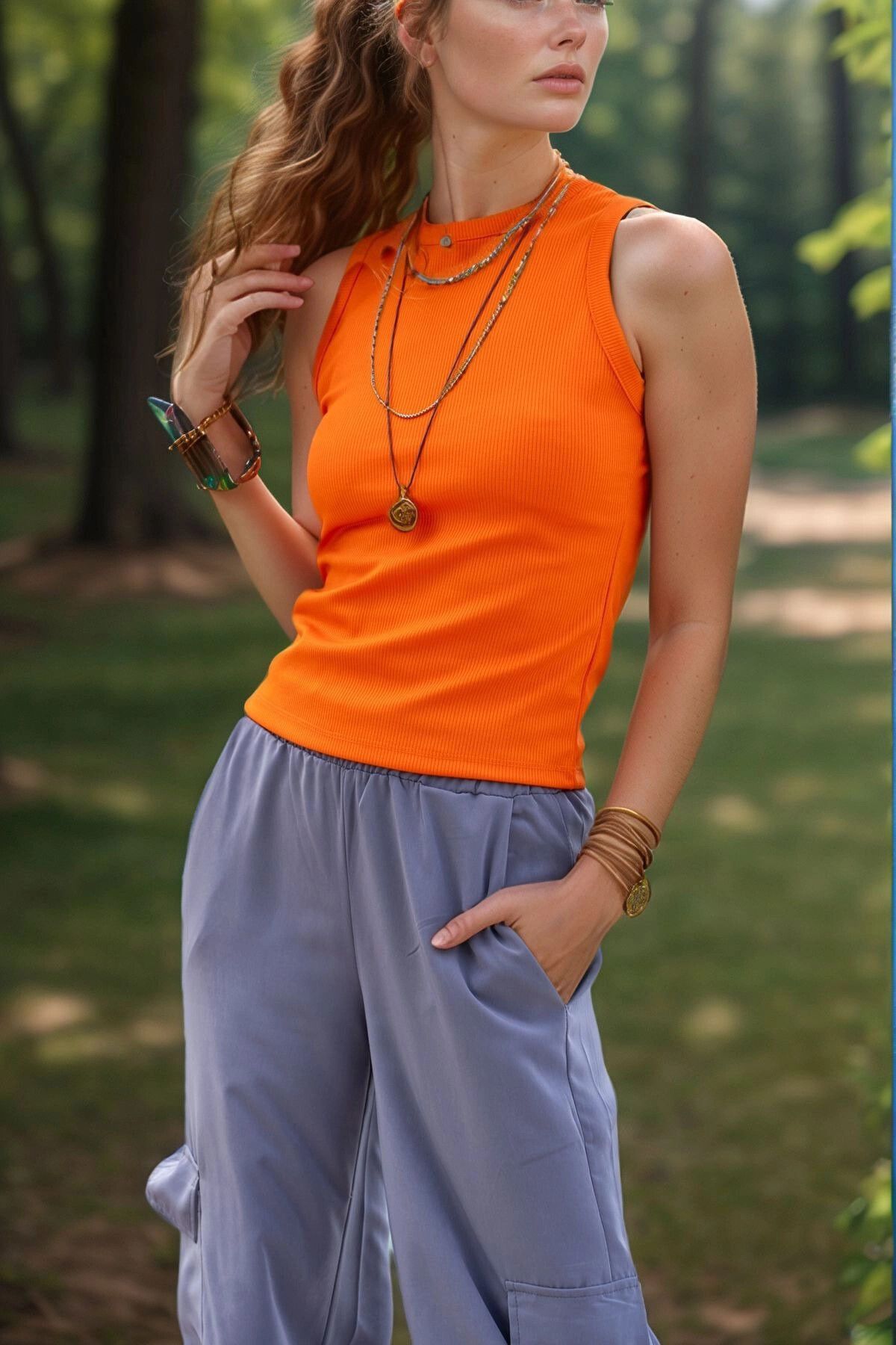 bacc Turuncu Kolsuz Likralı Fitilli Basic Tshirt BCBSK-25700-3590