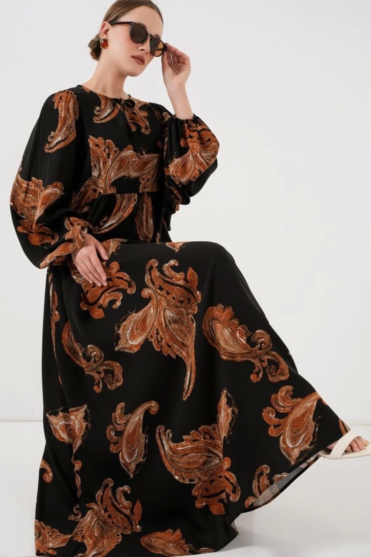 Butik Balon Kol Uzun Tesettür Elbise 2464 - M. Taba