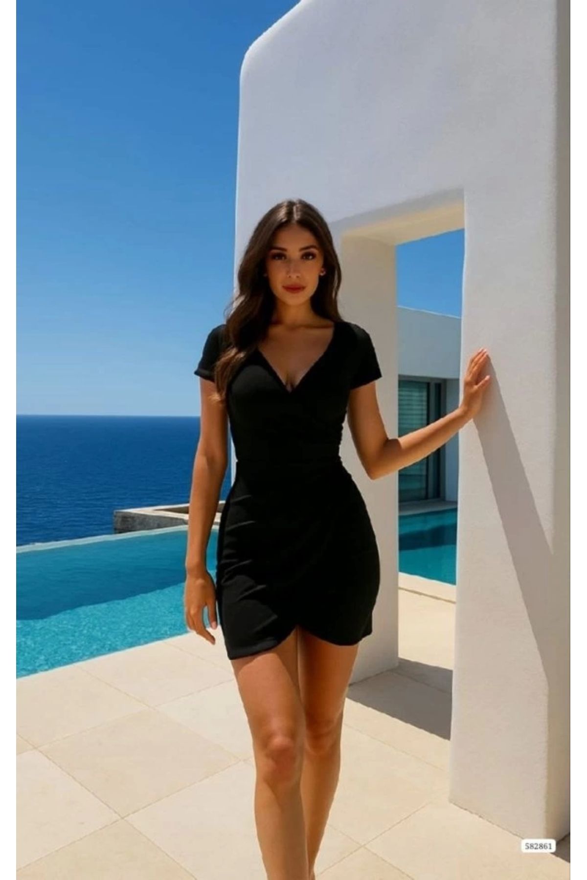 Butik Kadın Dalgıç Krep Kumaş V Yaka Kısa Kollu Mini Boy Elbise