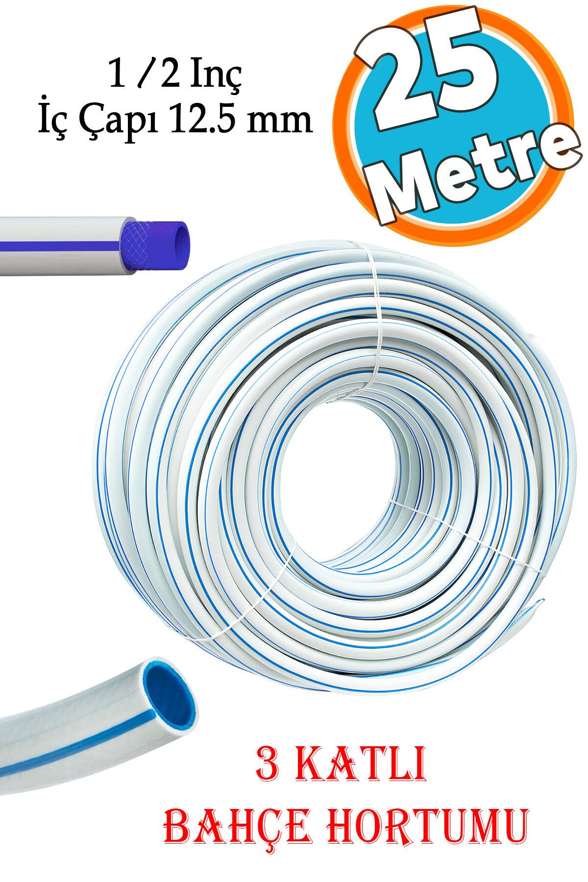 NZB 25 Metre Bahçe Hortumu 3 Katlı Sağlam Çeşme Su Sulama Hortum Araç Araba Yıkama 12.5 mm 1/2"