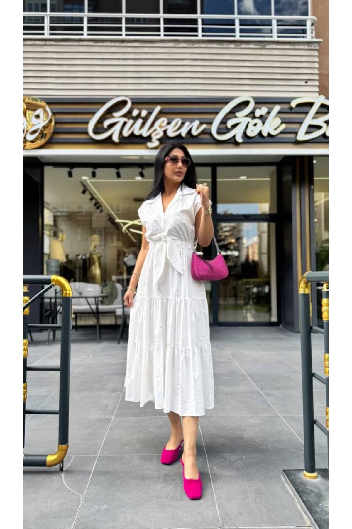 Gülşen Gök Butik Kuşaklı Taş Detay Tasarım Elbise
