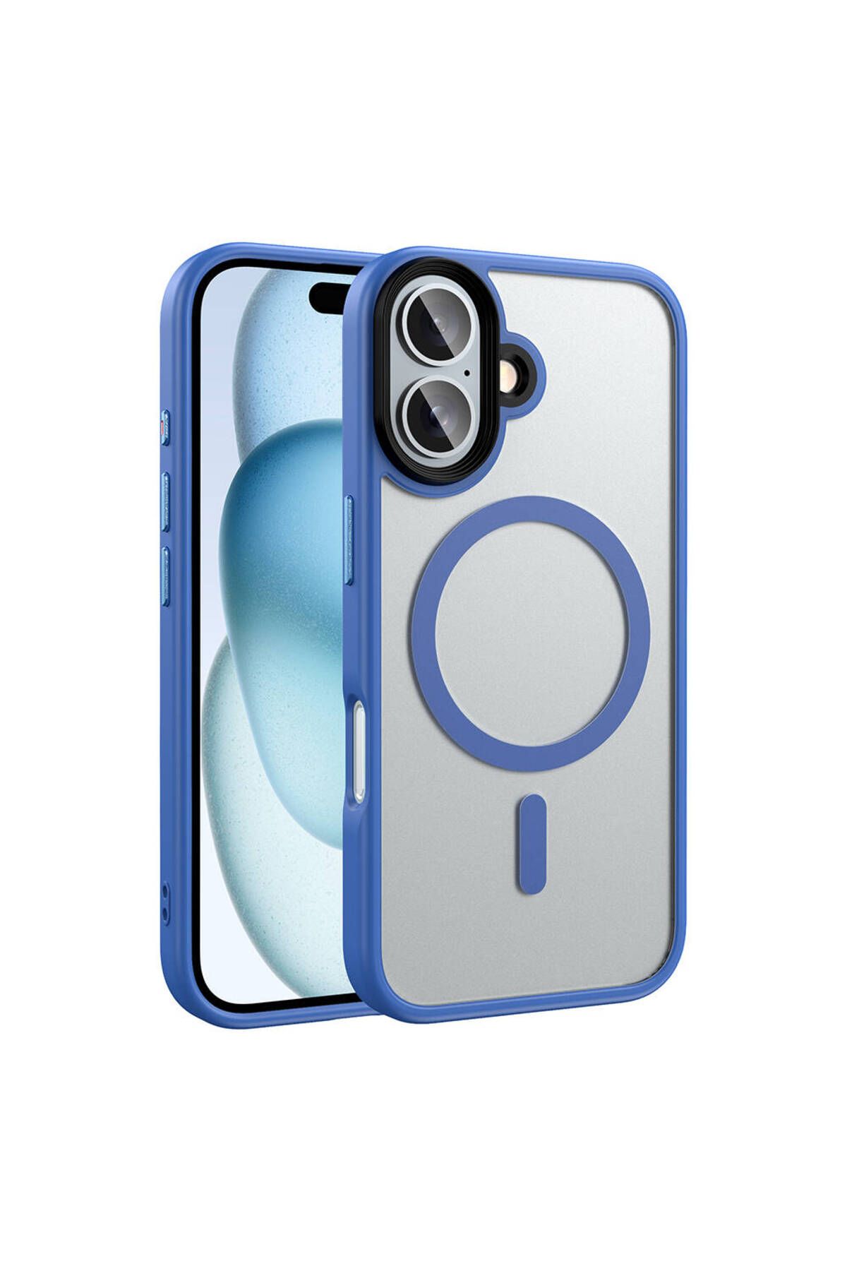 HTstore iPhone Uyumlu 16 Kılıf Mat Arka Yüzey Wireless Şarj Özellikli Zore Flet M-safe Kapak-Mavi