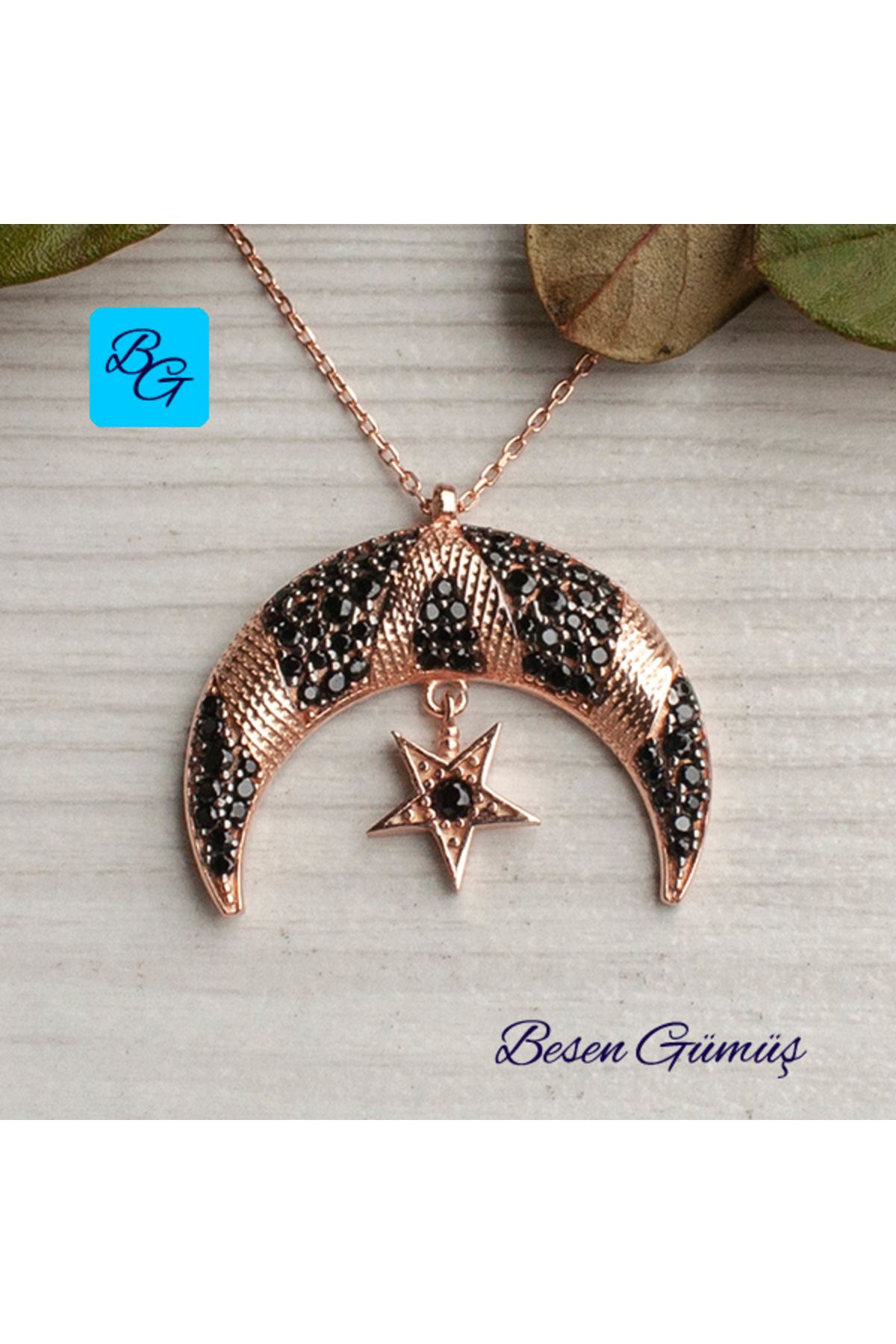 Besen Gümüş Oniks Taşlı Rose Siyah Ayyıldız Kolye