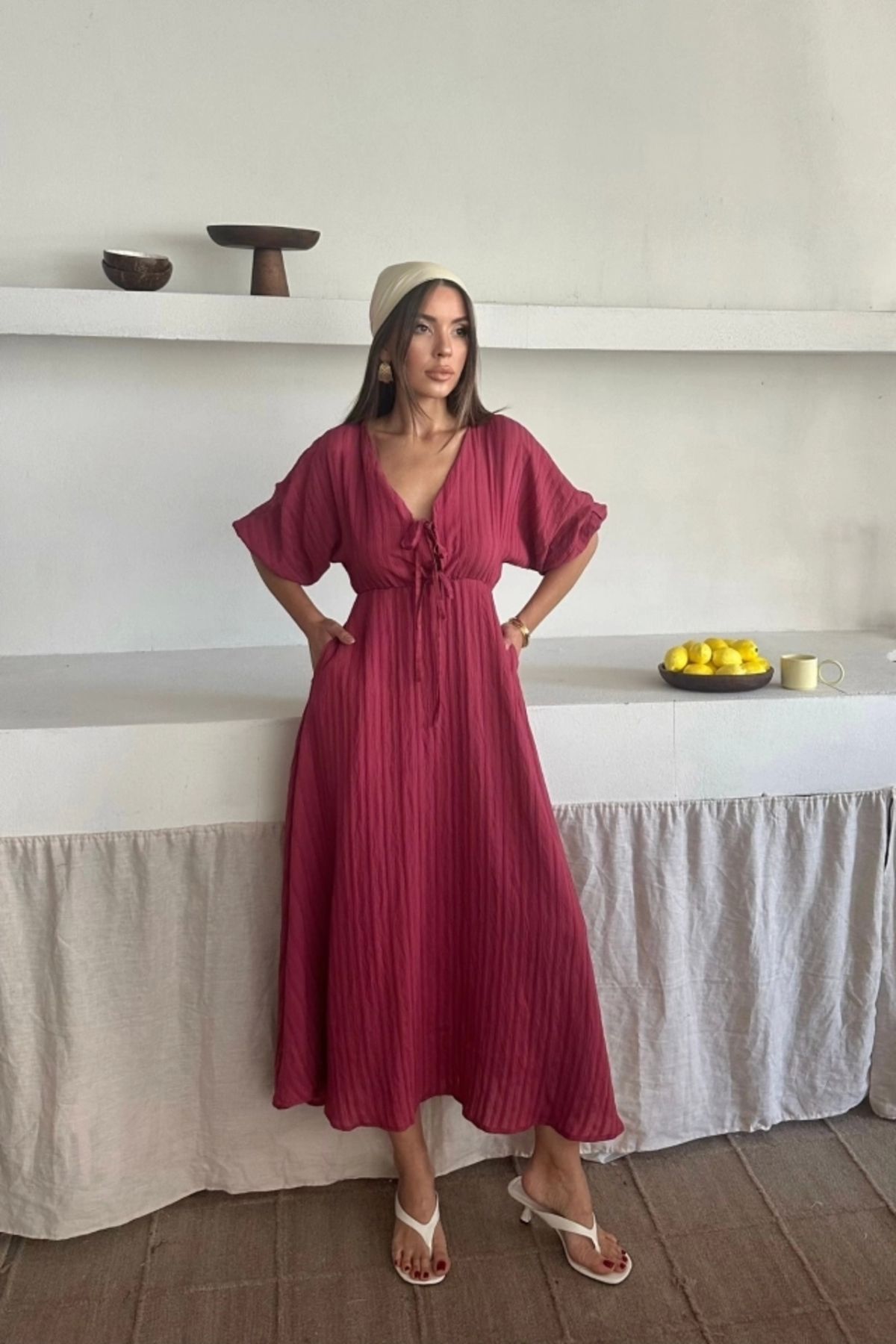 Butik V YAKA DÖKÜMLÜ ELBİSE - Pembe