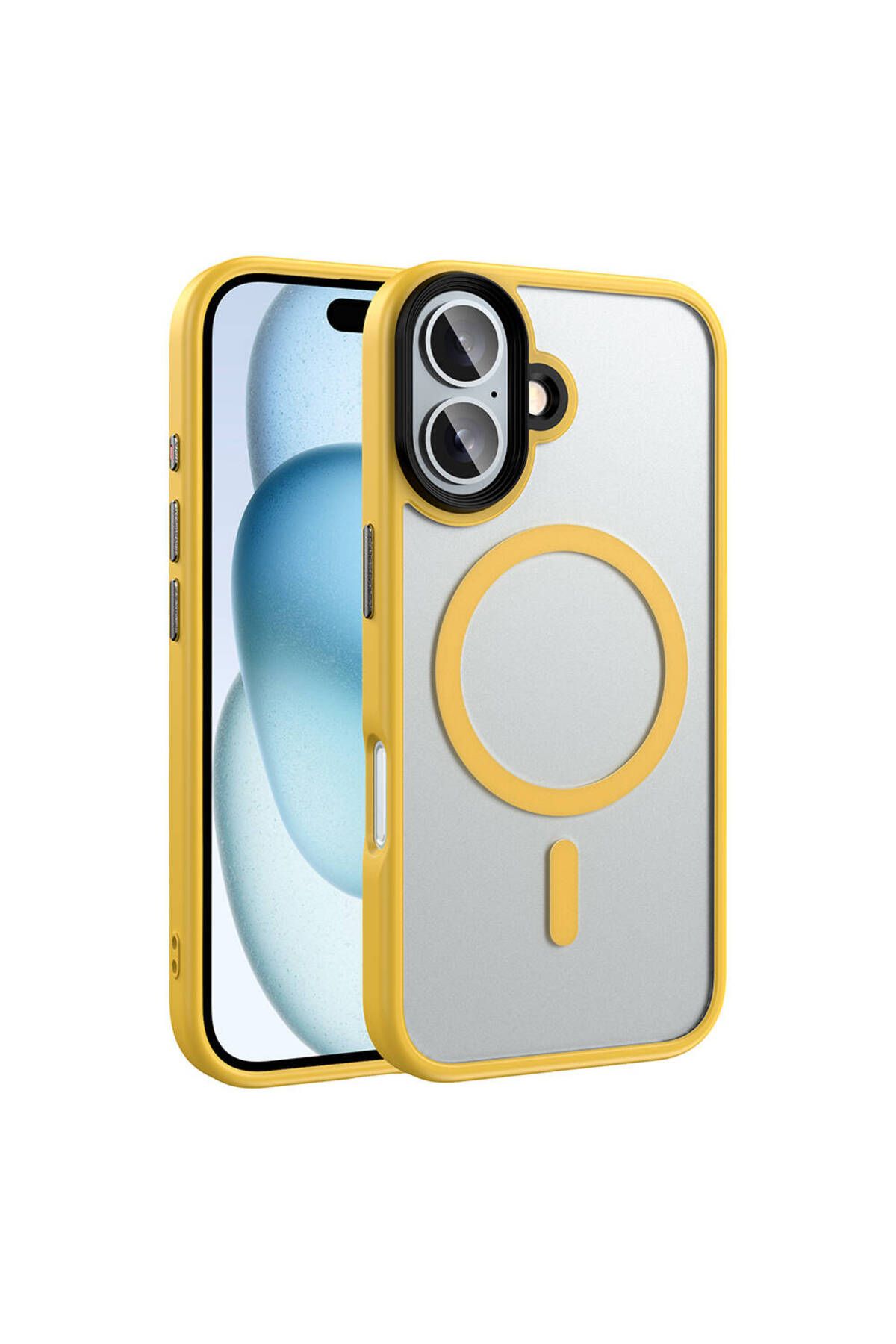HTstore iPhone Uyumlu 16 Kılıf Mat Arka Yüzey Wireless Şarj Özellikli Zore Flet M-safe Kapak-Sarı