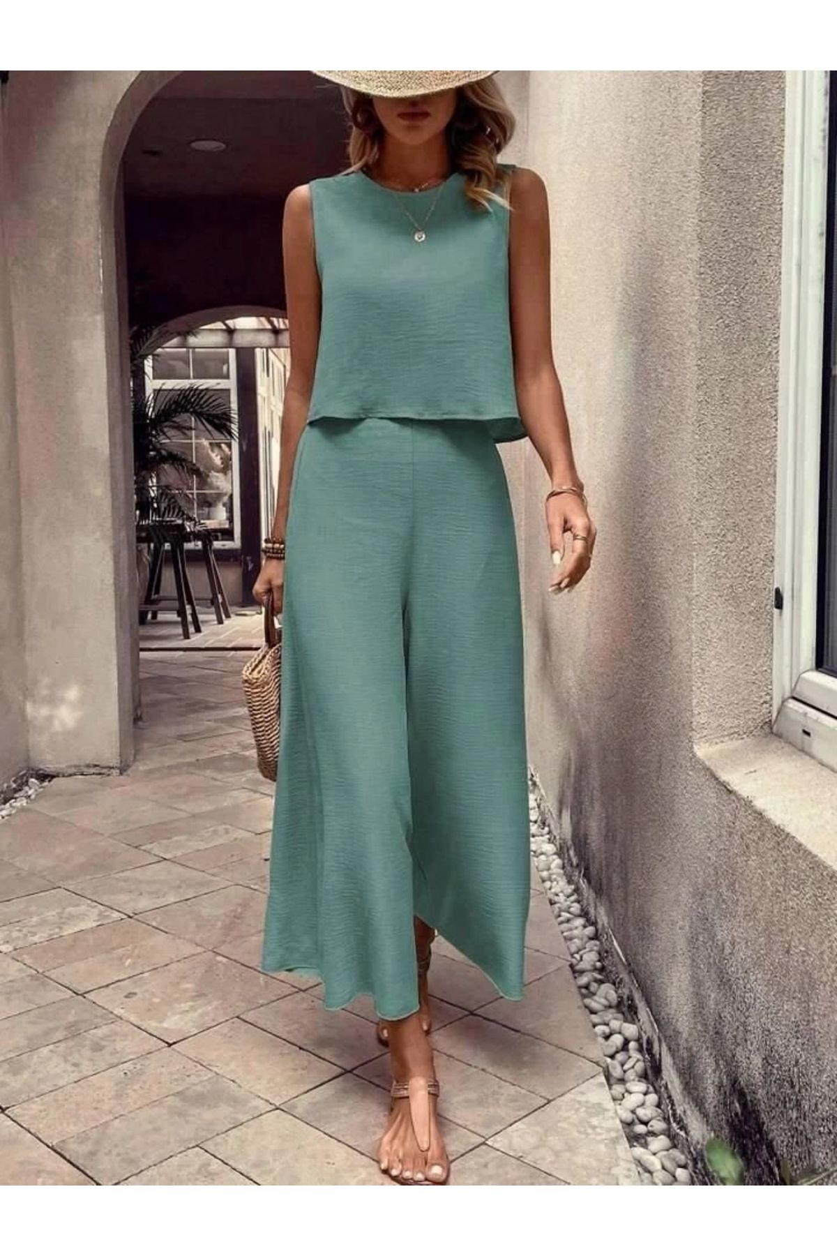 Butik Kadın Aerobin Kumaş Geniş Paça Pantolonlu Takım