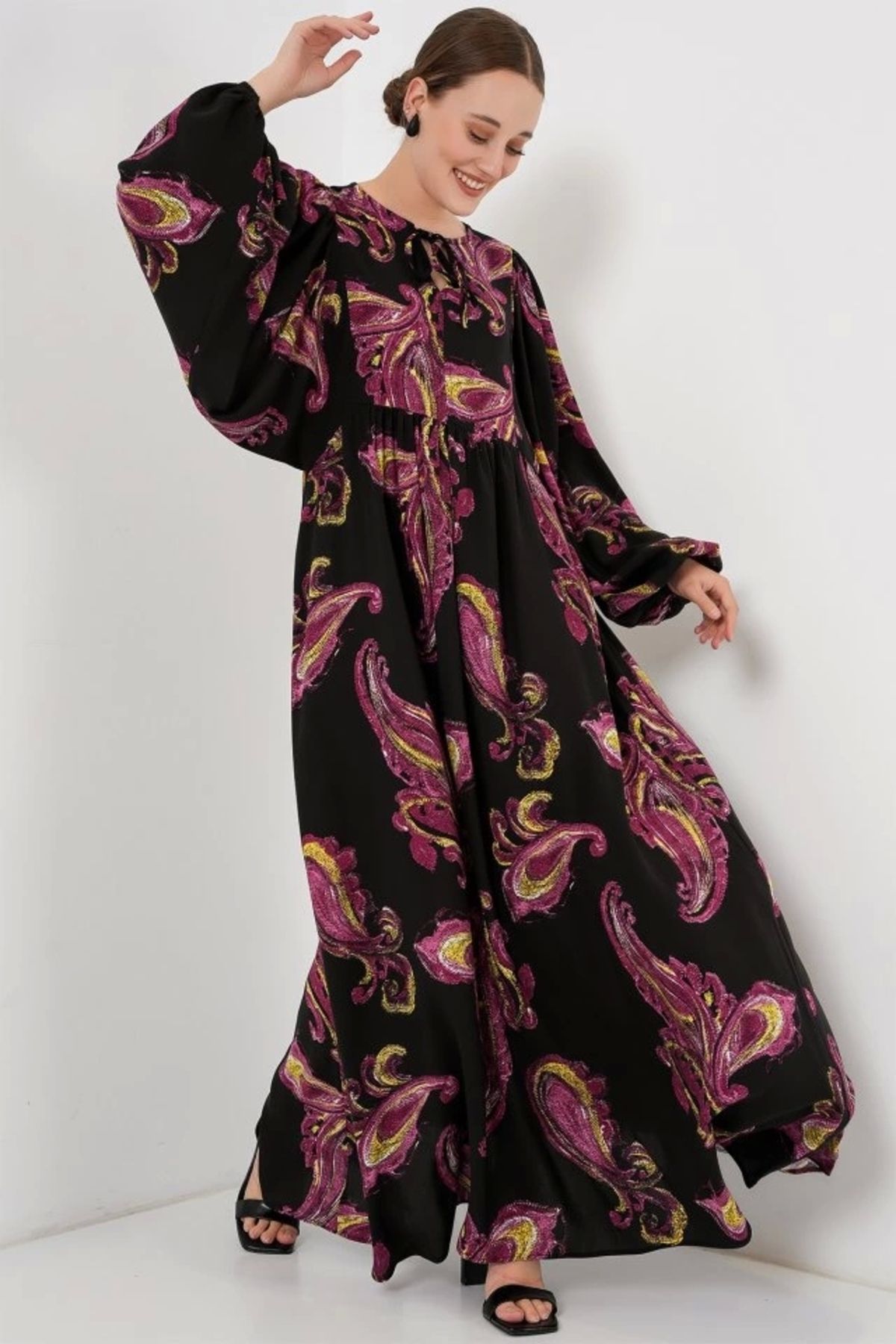 Butik Balon Kol Uzun Tesettür Elbise 2464 - Y.Fuşya