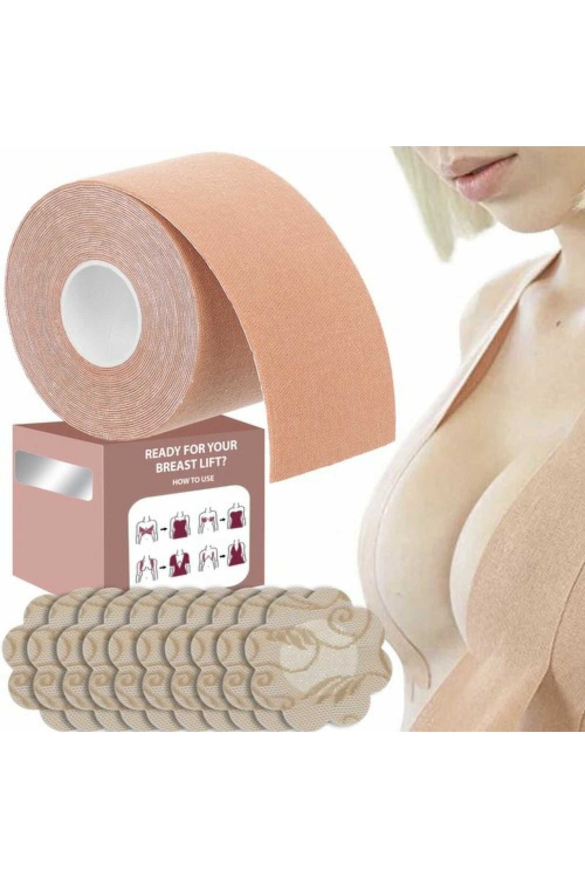 Micostore Adhesive Breast Lift Tape, Invisible Under Clothes, 10 Nipple Protectors, Elastic, Beige - One Size