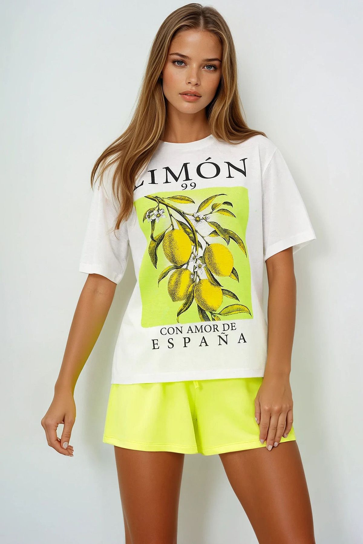 VAGGON Limon Baskılı Pamuklu Basic T-Shırt Ve Şortlu Pijama Takımı