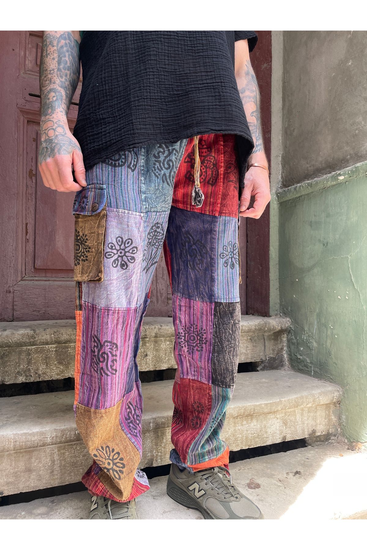 Bohoyasam Unisex Nepal Patchwork Pantolon, Salaş Pantolon, Rahat Pantolon, Festival Kıyafet, Cepli Pantolon