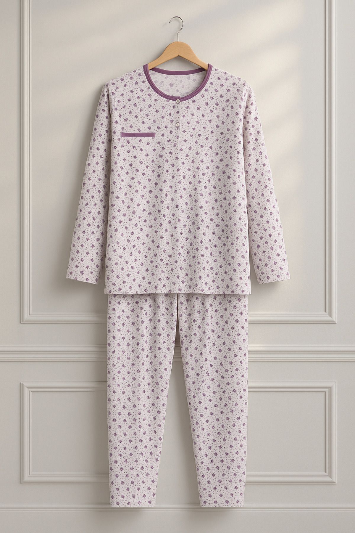 nacar çarşı Kadın Anne Uzun Kollu Mor Çiçek Desenli Penye Pijama Takımı