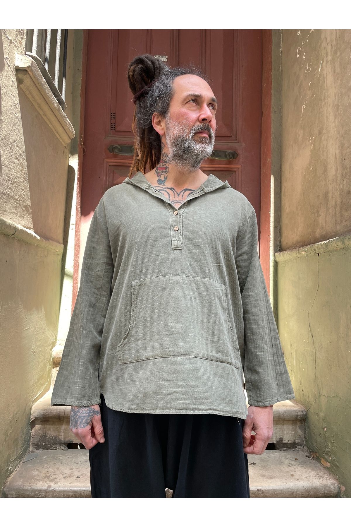 Bohoyasam Unisex Kapüşonlu Gömlek, Erkek Gömlek, Bohem Gömlek, 100 Pamuk, Rahat Kalıp, Yazlık Gömlek, Oversize