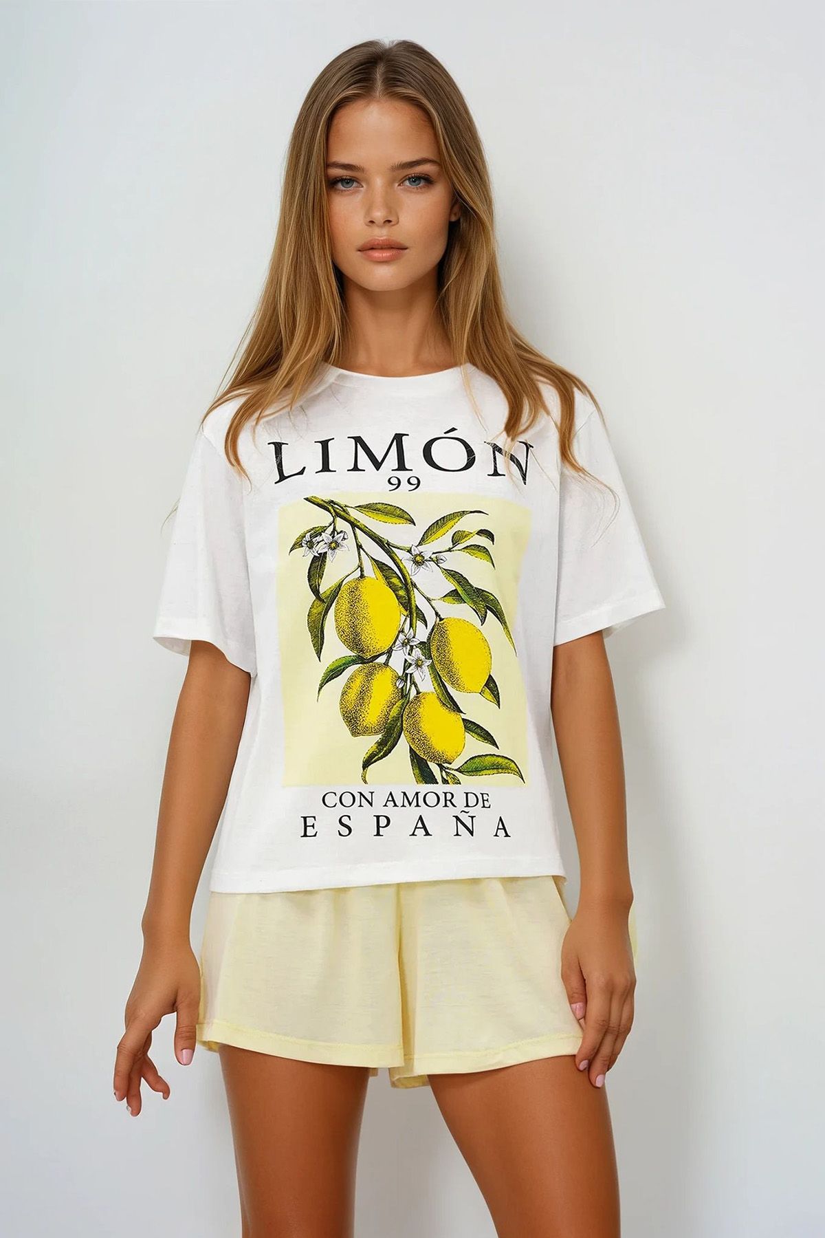 VAGGON Limon Baskılı Pamuklu Basic T-Shırt Ve Şortlu Pijama Takımı