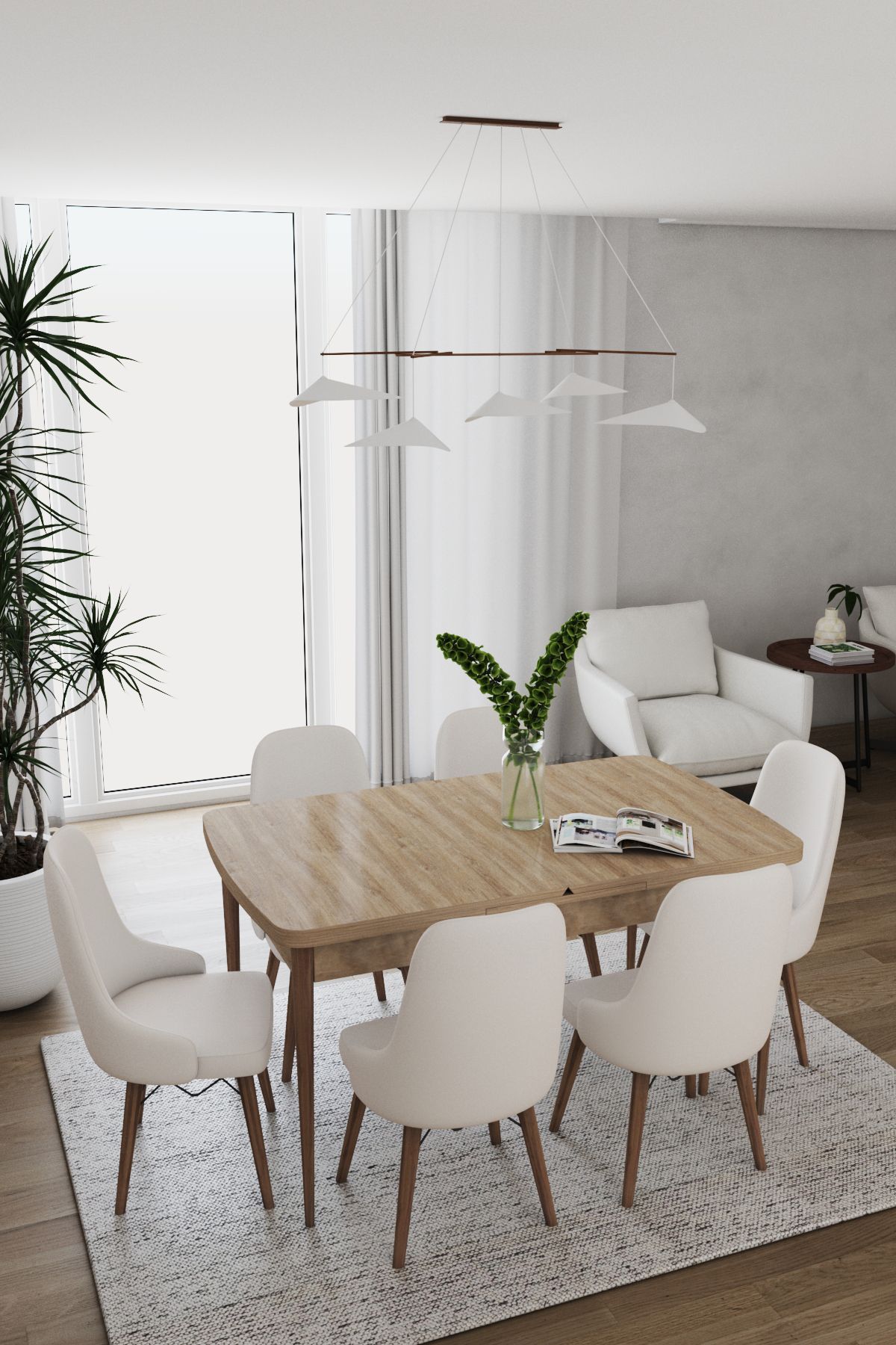 DEREN HOME Konfor Serisi 80x130 Açılabilir Masa 6 Adet Krem Sandalye Masa Takımı Leke Tutmaz Kumaş