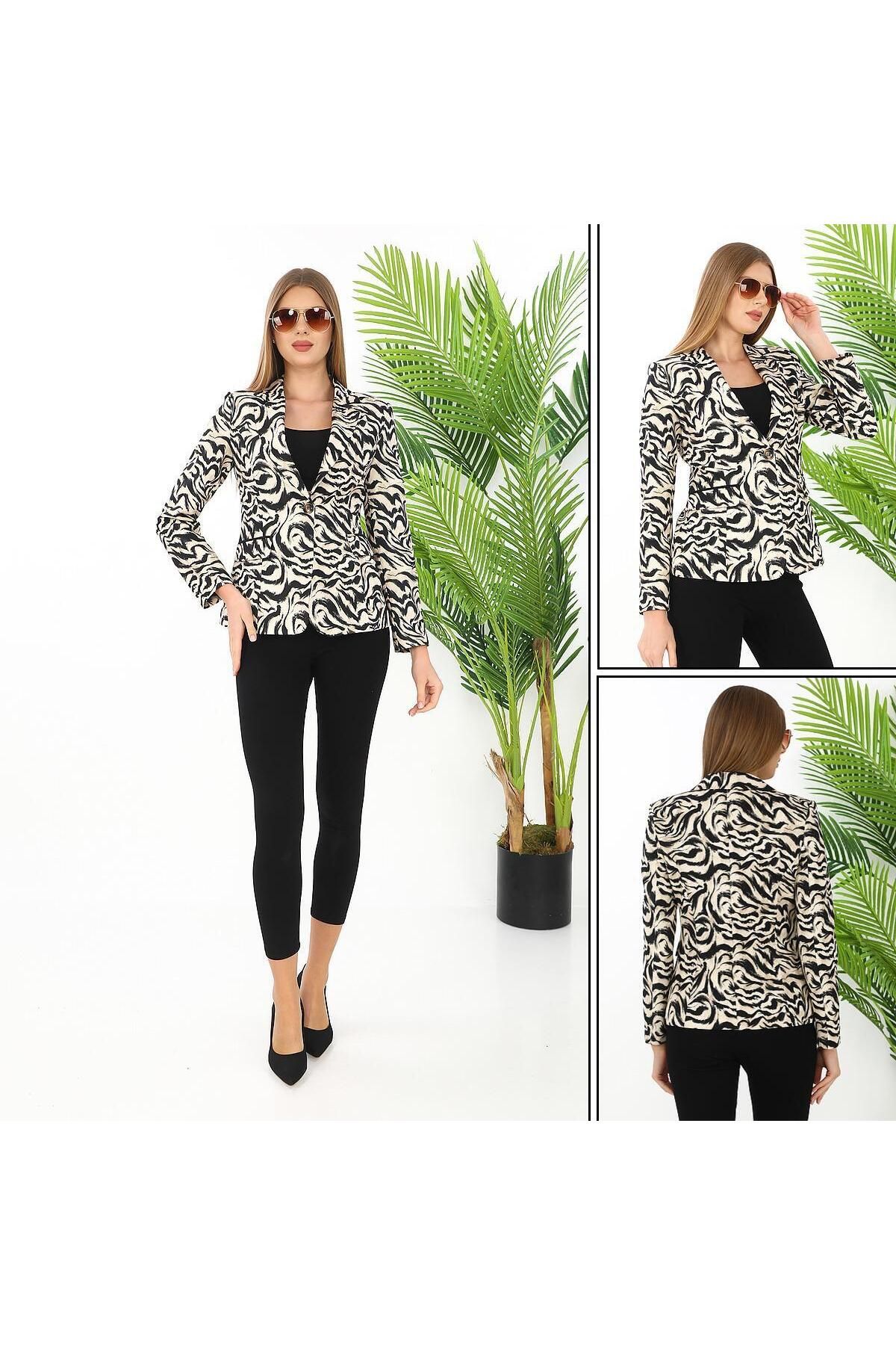 GND TEKSTİL Gnd Kadın Zebra Desenli Tek Düğmeli Blazer Ceket – Krem Siyah Şık Ceket Modeli