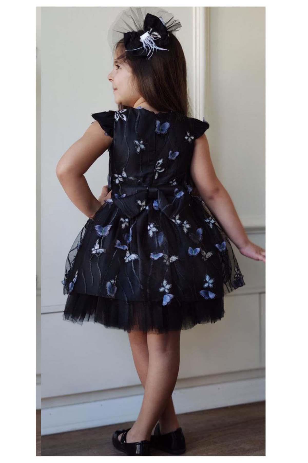 Riccotarz-Girl's Black Dress with Ruffle Shoulders and Butterfly Motif Skirt and Tulle 4