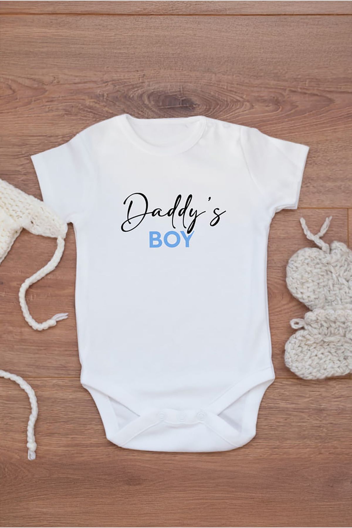 Tufi Baby %100 Pamuk Kısa Kollu Babasının Oğlu Desenli Çıtçıtlı Bebek Body Zıbın Beyaz