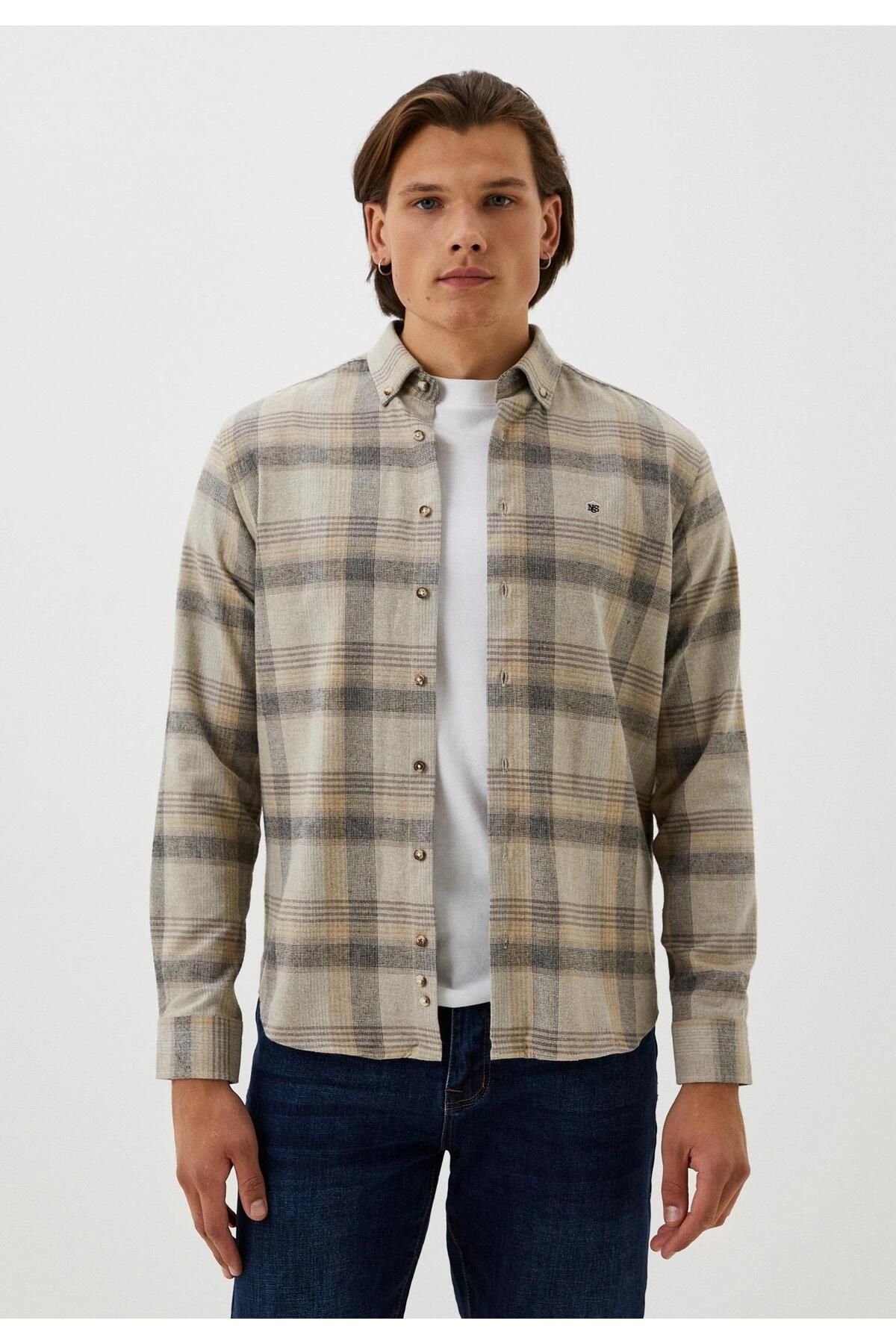 Ncs Jeans Erkek Flanel Gömlek BEJ Ekose Desenli Slim Fit Düğmeli Yaka Oduncu Gömlek NCS JEANS 7265