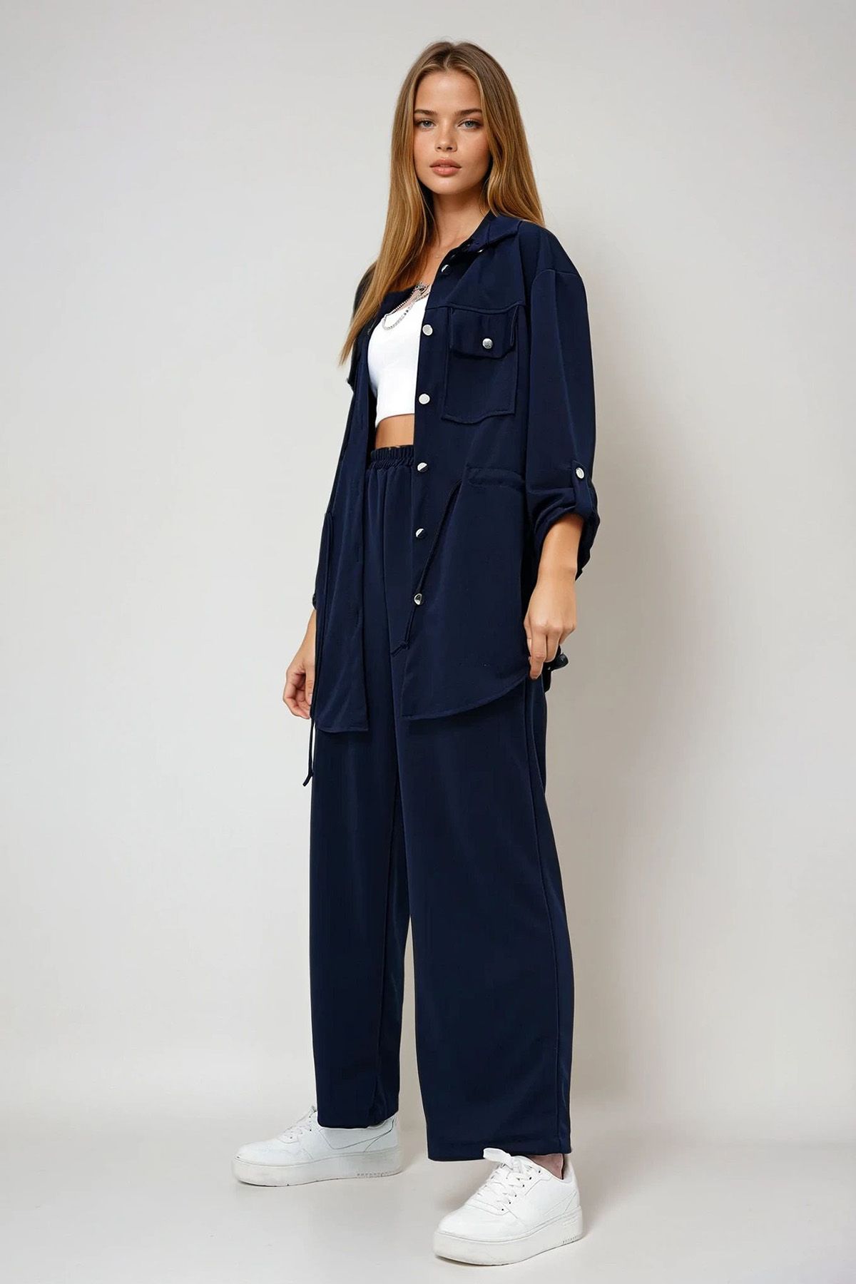 VAGGON Çift Cepli Safari Ceket Ve Beli Lastikli Wide Leg Pantolonlu Krep Alt Üst Takım