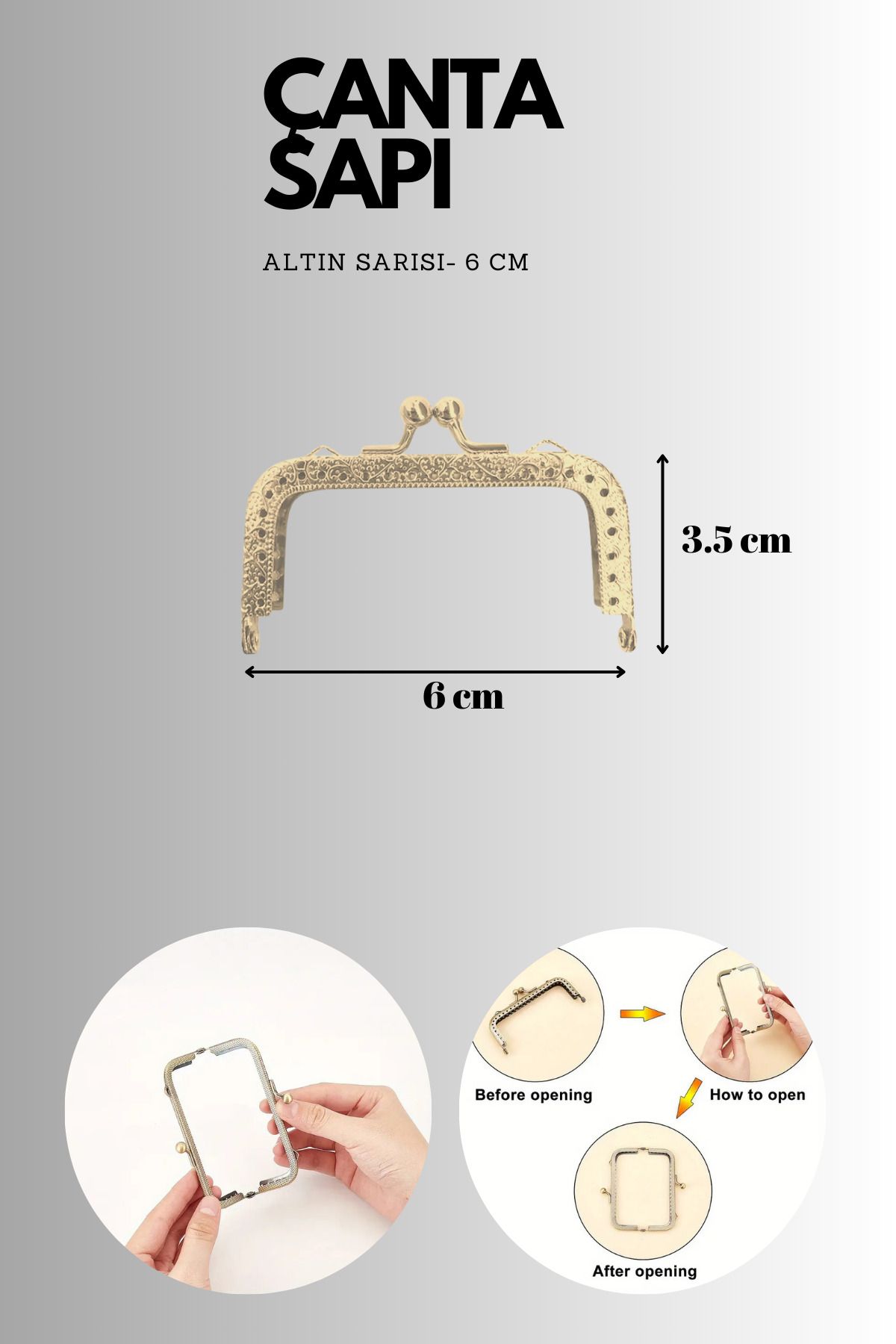 Kardelux Vintage Metal Çanta Sapı- Cüzdan Klipsi- Bursu- 6cm-Dikdörtgen