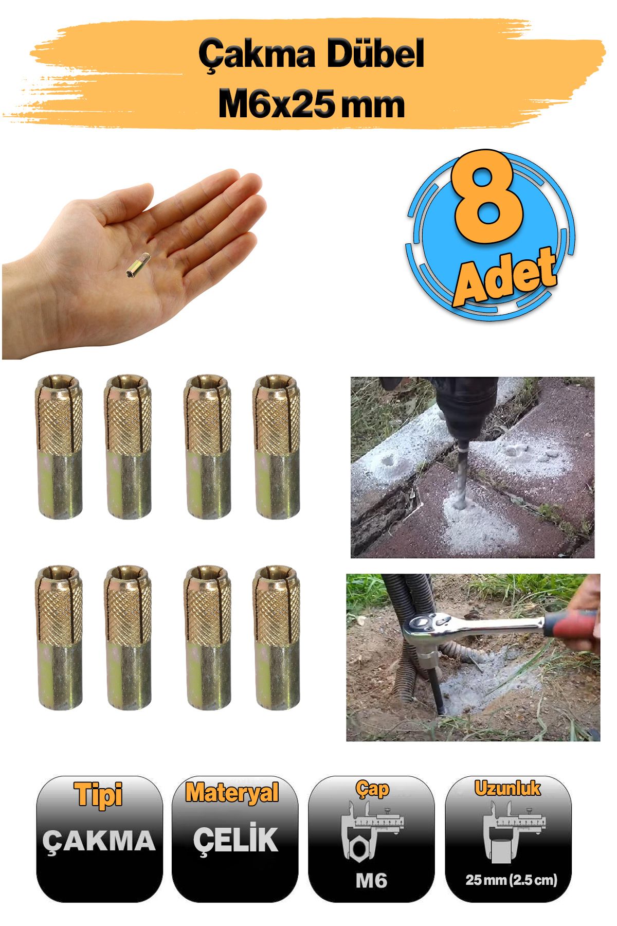 Badem10 Çakma Çelik Dübel İç Dişli ( M6x25 mm ) Çanak Anten Raf Montaj Bağlantı Monte Asma Aparat 8 Adet