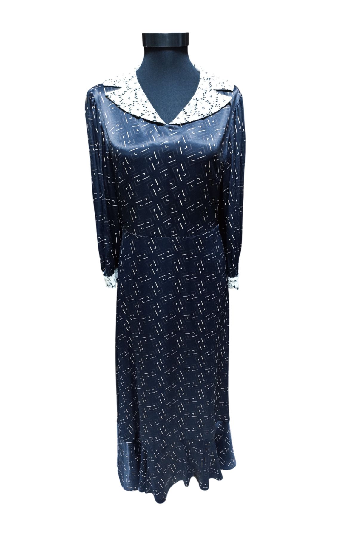star form Vintage Yaka Desenli Saten Elbise